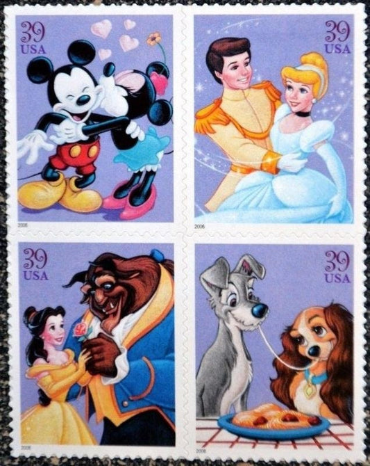Four (4) unused postage stamps - Disney Romance // 39 cent stamps // Face value 1.56