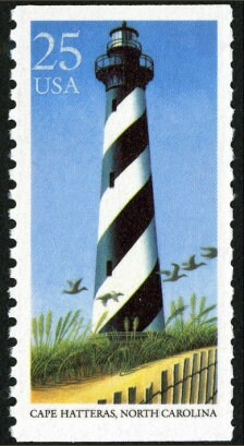 Five (5) vintage unused postage stamps - Lighthouses - Cape Hatteras, North Carolina // 25 cents // Face value 1.25