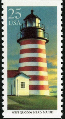 Five (5) vintage unused postage stamps - Lighthouses - West Quoddy Head, Maine // 25 cents // Face value 1.25