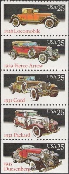 Five (5) vintage classic cars postage stamps: Antique automobiles // 25 cent stamps // face value 1.25