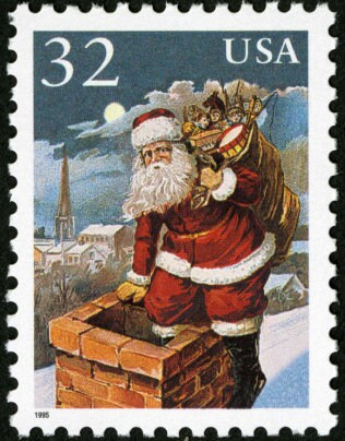 Five (5) vintage Christmas postage stamps - Santa entering chimney // 32 cent stamps // face value 1.60