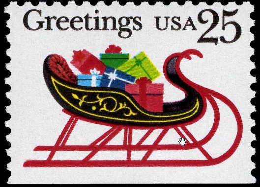 Ten (10) vintage Christmas postage stamps - Christmas greetings & Sleigh // 25 cent stamps // Face value 2.50