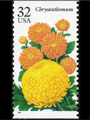 Five (5) vintage unused postage stamps - Chrysanthemum, fall garden flowers // 32 cent stamps // Face value 1.45