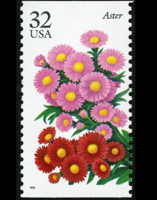 Five (5) vintage unused postage stamps - Aster, fall garden flowers // 32 cent stamps // Face value 1.45