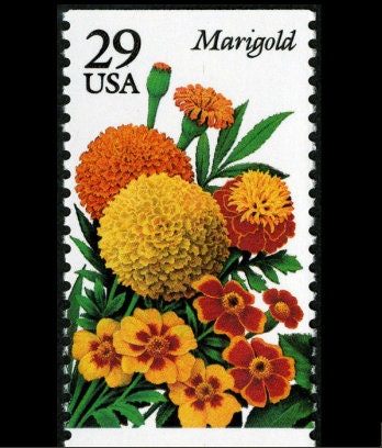 Five (5) vintage unused postage stamps - Summer garden flowers: marigold // 29 cent stamps // Face value 1.45