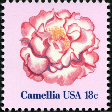 Five (5) vintage unused postage stamps - Camellia // 18 cent stamps // Face value 0.90
