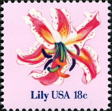 Five (5) vintage unused postage stamps - Lily // 18 cent stamps // Face value 0.90