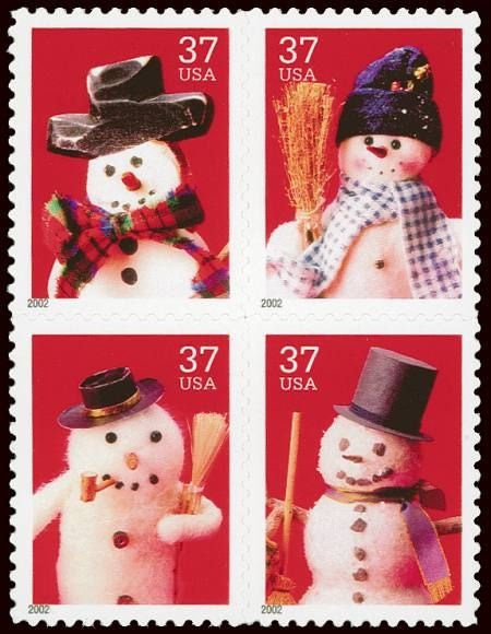 Four (4) unused Christmas postage stamps - Snowmen // 37 cent stamps // Face value 1.48