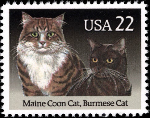 Five (5) vintage unused postage stamps - Cat breeds: Maine coon cat, Burmese cat // 22 cent stamps // face value 1.10