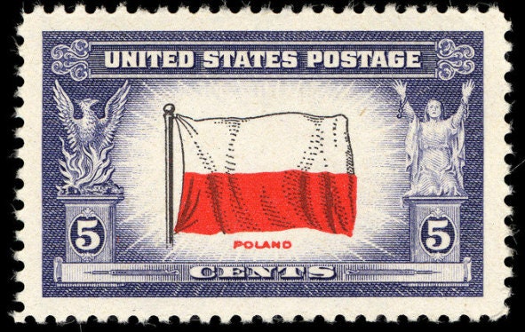 Five (5) vintage unused postage stamps - Overrun countries, 1942-1943: flag of Poland // 5 cent stamps // face value 0.25