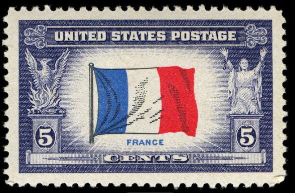 Five (5) vintage unused postage stamps - Overrun countries, 1942-1943: flag of France // 5 cent stamps // face value 0.25