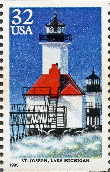 Five (5) vintage unused postage stamps - Lighthouses of the Great Lakes: St. Joseph, Lake Michigan // 32 cents // Face value 1.60