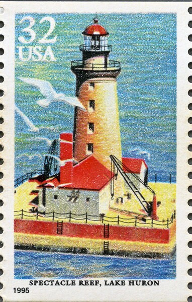 Five (5) vintage unused postage stamps - Lighthouses of the Great Lakes: Spectacle Reef, Lake Huron // 32 cents // Face value 1.60