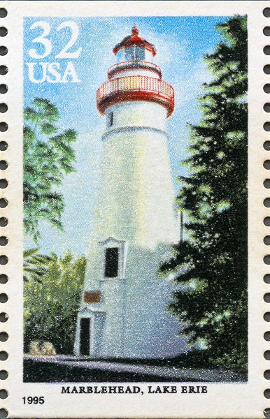 Five (5) vintage unused postage stamps - Lighthouses of the Great Lakes - Marblehead, Lake Erie // 32 cents // Face value 1.60