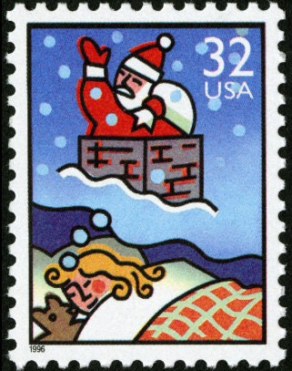 Five (5) vintage Christmas postage stamps - Santa dreams // 32 cent stamps // face value 1.60