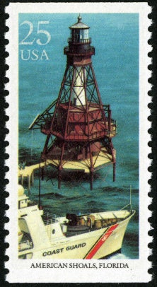 Five (5) vintage unused postage stamps - Lighthouses - American Shoals, Florida // 25 cents // Face value 1.25