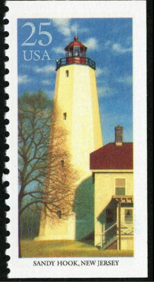 Five (5) vintage unused postage stamps - Lighthouses - Sandy Hook, New Jersey // 25 cents // Face value 1.25