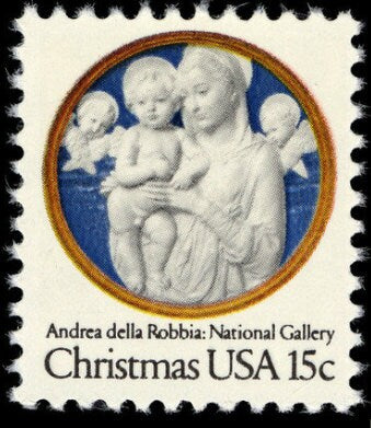 Ten (10) vintage Christmas postage stamps - Madonna and Child by Andrea della Robbia // 15 cent stamps // face value 1.50