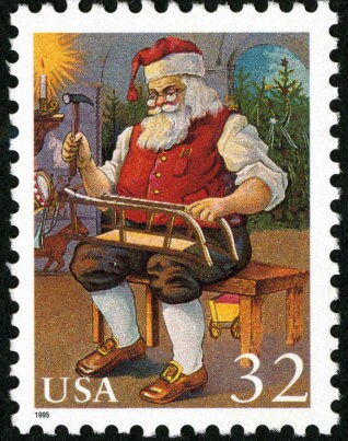 Five (5) vintage Christmas postage stamps - Santa making toys // 32 cent stamps // face value 1.60