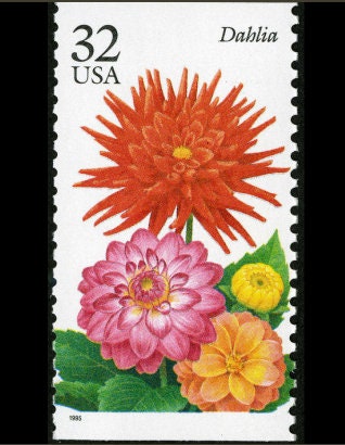 Five (5) vintage unused postage stamps - Dahlia, fall garden flowers // 32 cent stamps // Face value 1.45