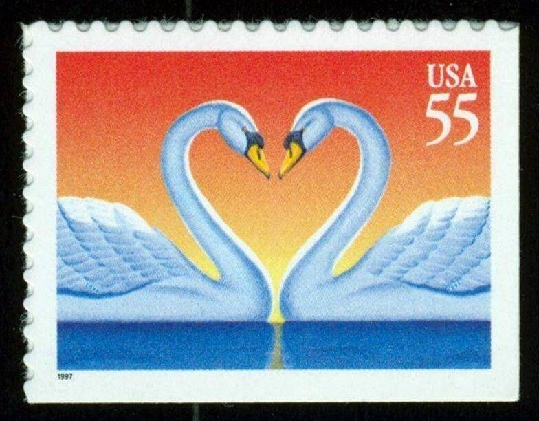 Nine (9) vintage unused postage stamps - Love and swans // 55 cent stamps // face value 4.95