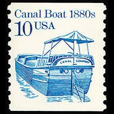 Five (5) vintage unused postage stamps - Canal Boat // 10 cent stamps // face value 0.50