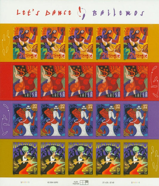 Twenty (20) unused postage stamps - Let's Dance! / Bailemos (sheet) // 37 cent stamps // face value 7.40