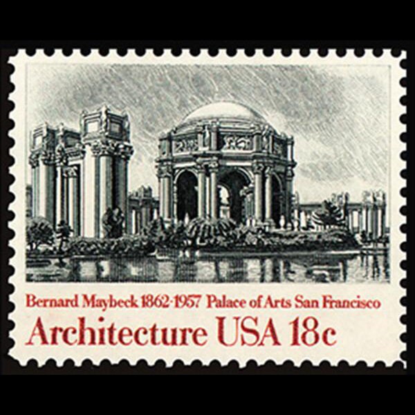 Five (5) vintage unused postage stamps - Architecture: Palace of Arts, San Francisco // 18 cent stamps // Face value 0.90