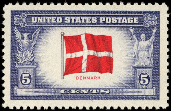 Five (5) vintage unused postage stamps - Overrun countries, 1942-1943: flag of Denmark // 5 cent stamps // face value 0.25