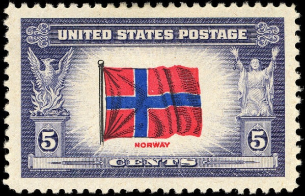 Five (5) vintage unused postage stamps - Overrun countries, 1942-1943: flag of Norway // 5 cent stamps // face value 0.25