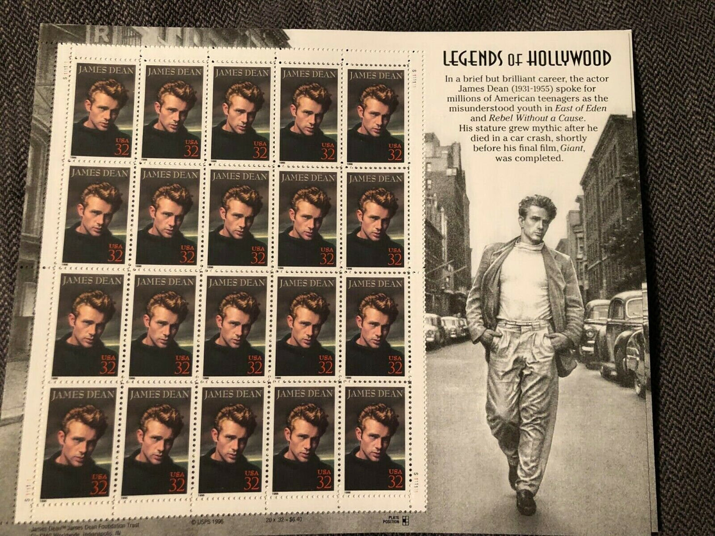 Twenty (20) vintage unused postage stamps - James Dean (sheet) // 32 cent stamps // Face value 6.40