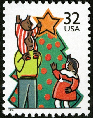 Five (5) vintage Christmas postage stamps - Decorating the Christmas tree // 32 cent stamps // face value 1.60