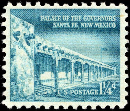 Ten (10) vintage unused postage stamps - New Mexico, Santa Fe, Palace of the Governors // 1 & 1/4 cent stamps // face value 0.10