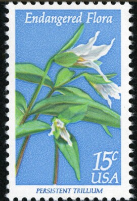 Five (5) vintage unused postage stamps - Endangered flora: persistent trillium // 15 cent stamps // face value 0.75