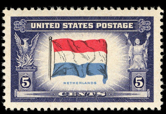 Five (5) vintage unused postage stamps - Overrun countries, 1942-1943: flag of Netherlands // 5 cent stamps // face value 0.25