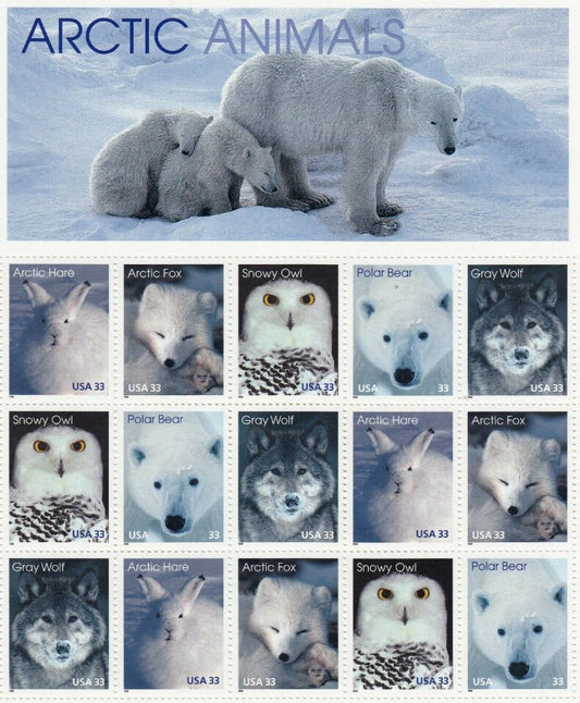 Fifteen (15) unused postage stamps - Arctic animals (sheet) // 33 cent stamps // Face value 4.95