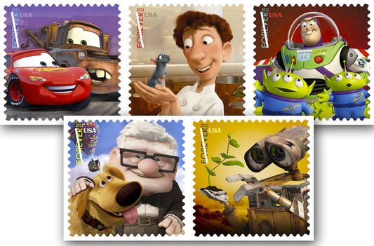 Five (5) vintage unused postage stamps - Send a Hello strip: Cars, Ratatouille, Buzz Lightyear, Up, Wall-E // 5 forever stamps