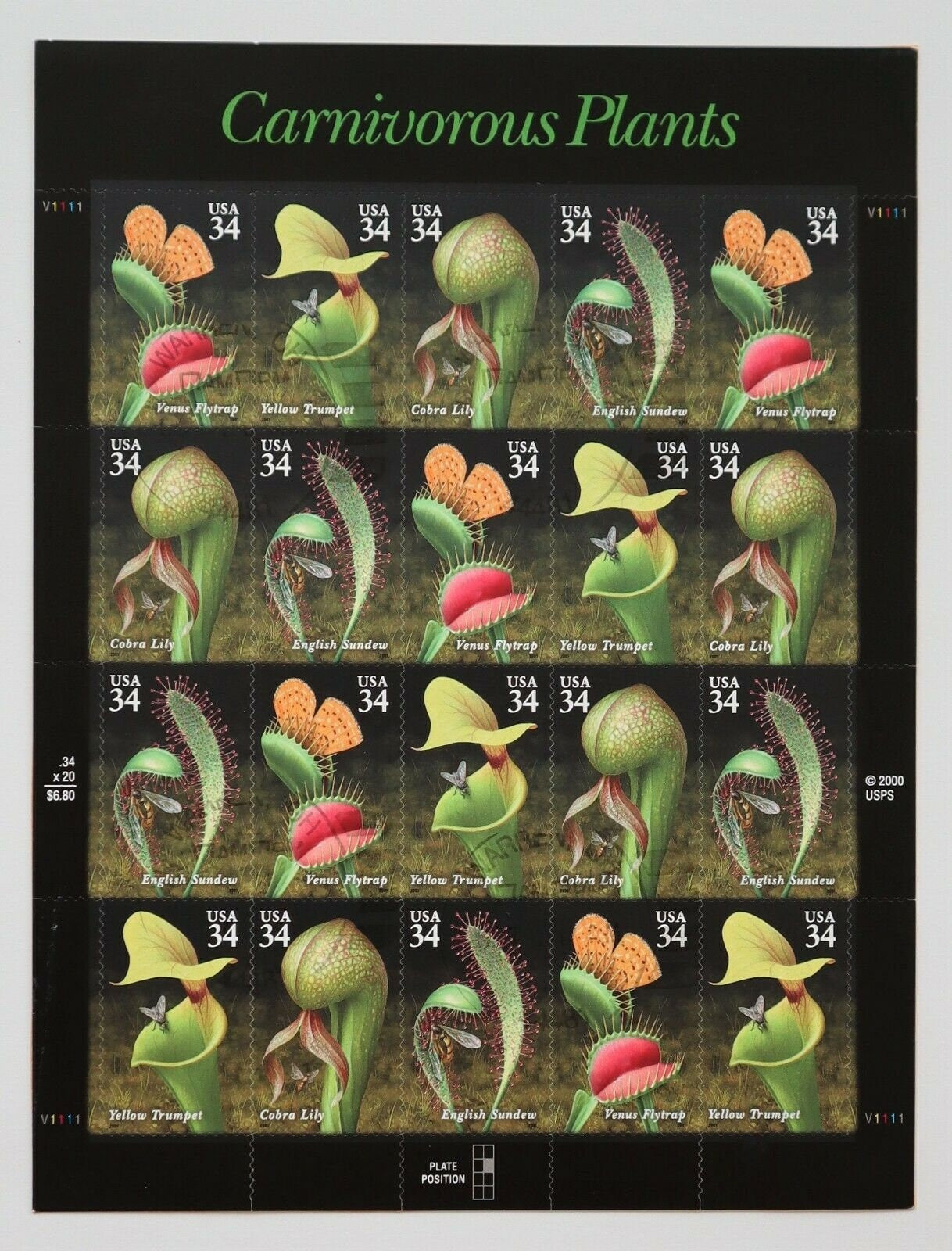 Twenty (20) unused postage stamps - Carnivorous plants (sheet) // 34 cent stamps // Face value 6.80