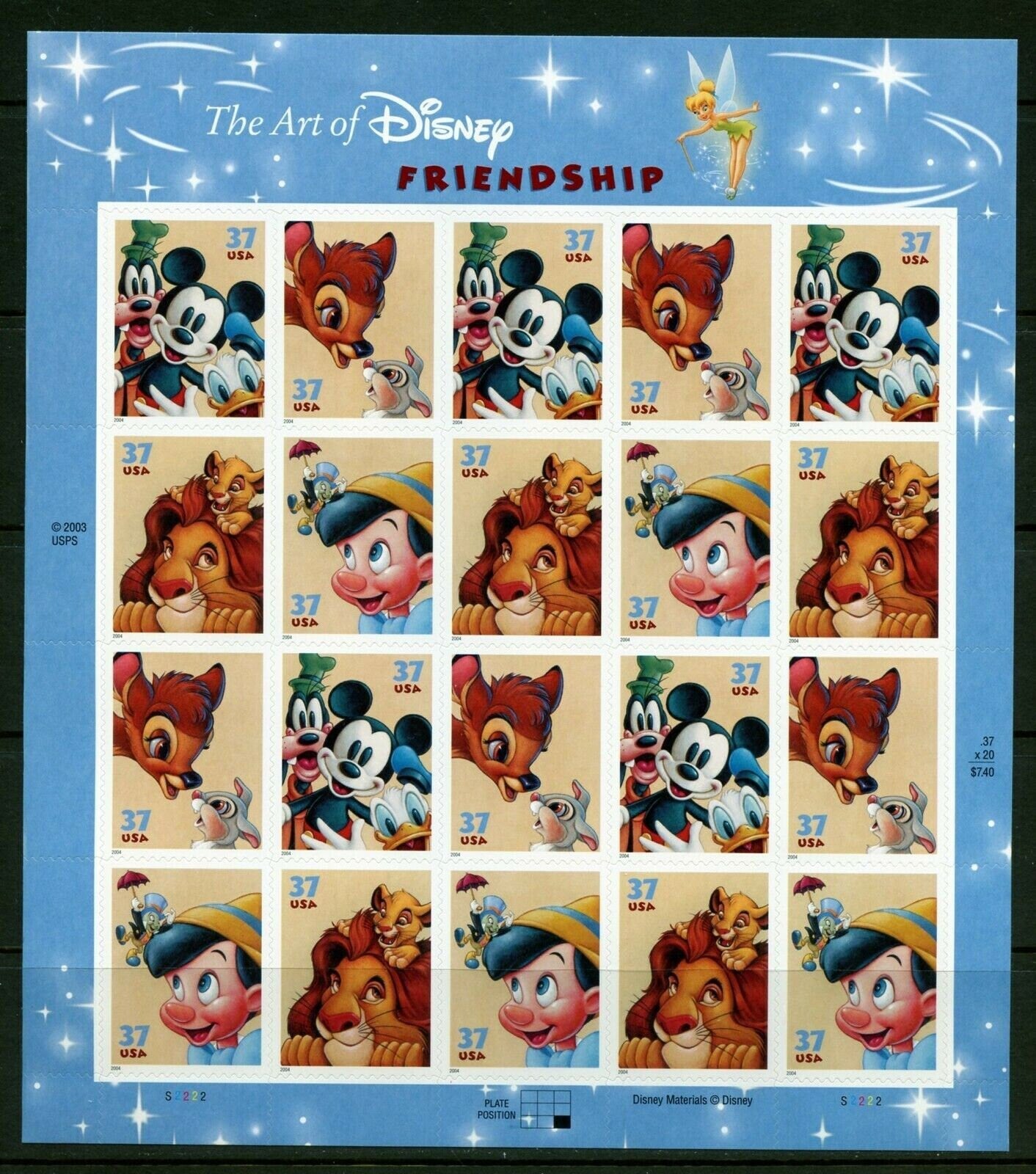 Twenty (20) unused postage stamps - Disney - Friendship (sheet) // 37 cent stamps // Face value 7.40