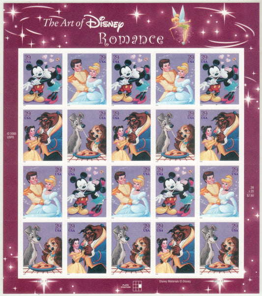 Twenty (20) unused postage stamps - Disney - Romance (sheet) // 39 cent stamps // Face value 7.80