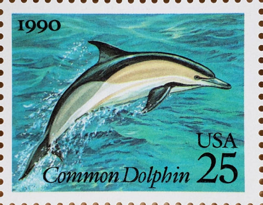 Five (5) vintage unused postage stamps - Sea creatures: common dolphin // 25 cent stamps // Face 1.25