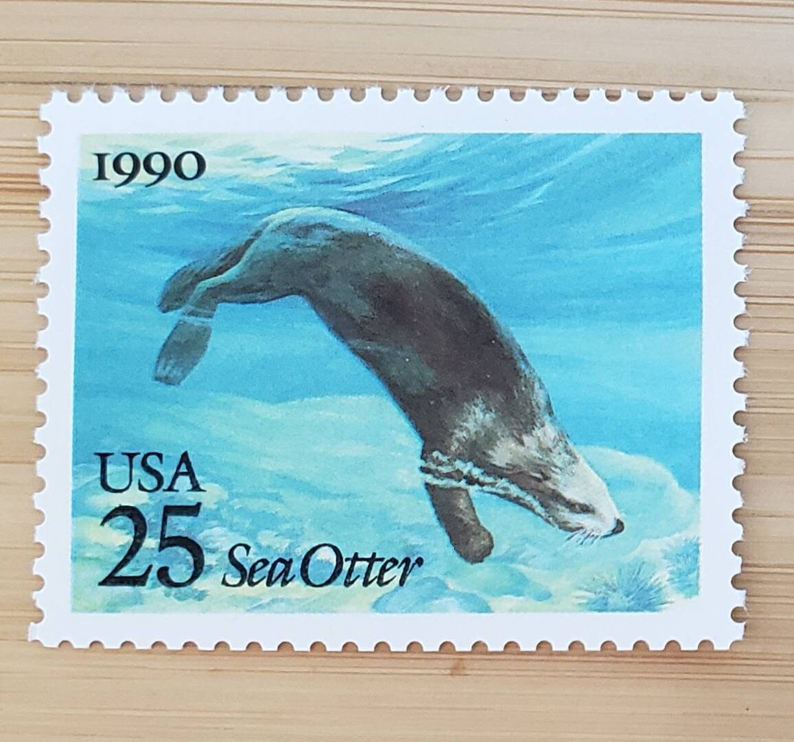 Five (5) vintage unused postage stamps - Sea creatures: sea otter // 25 cent stamps // Face 1.25