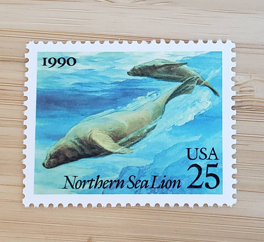 Five (5) vintage unused postage stamps - Sea creatures: northern sea lion // 25 cent stamps // Face 1.25