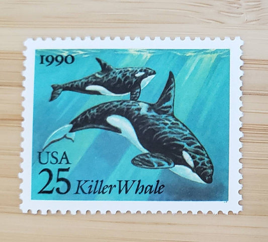 Five (5) vintage unused postage stamps - Sea creatures: killer whale // 25 cent stamps // Face 1.25