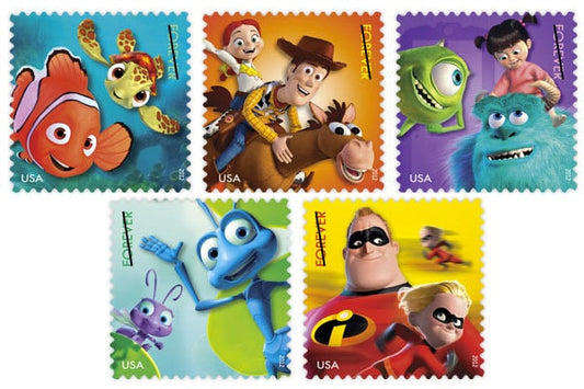 Five (5) unused postage stamps - Mail a smile strip: Finding Nemo, Toy Story, Monsters Inc., A Bug's Life, Incredibles // 5 forever stamps