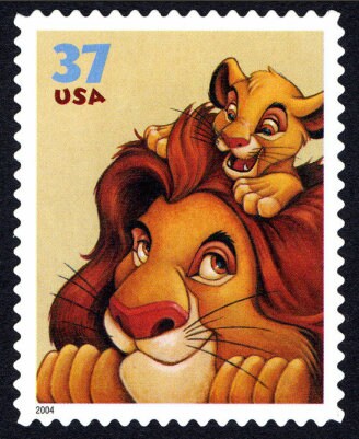 One (1) unused postage stamps - Disney characters: Lion King, Mufasa and Simba // 37 cent stamp