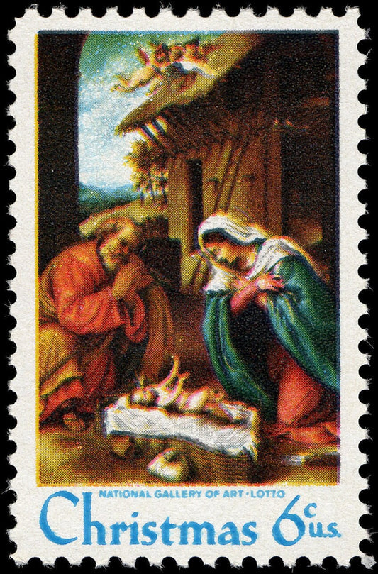 Five (5) vintage unused postage stamps - Nativity by Lotto // 6 cent stamps // Face value 0.30