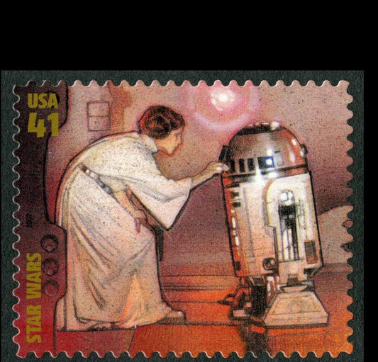 One (1) unused postage stamp - Star Wars: Princess Leia & R2-D2 // 41 cent stamp