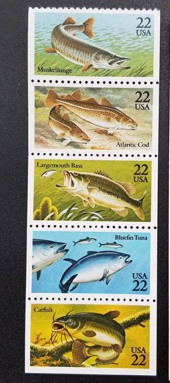 Five (5) vintage unused postage stamps - Fish: muskellunge, cod, bass, tuna, catfish // 22 cent stamps // Face value 1.10
