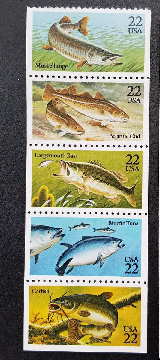 Five (5) vintage unused postage stamps - Fish: muskellunge, cod, bass, tuna, catfish // 22 cent stamps // Face value 1.10